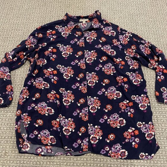 WOMAN WITHIN Shirt Womens Sz 1X Plus Button Up Floral Navy Blue Red Blouse Rayon - Picture 1 of 6